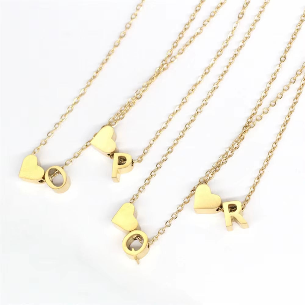 Minimalist Gold Color Stainless Steel Tiny Initial Custom Letter Necklace with Love Heart Pendant Dainty for Women Jewelry Gifts