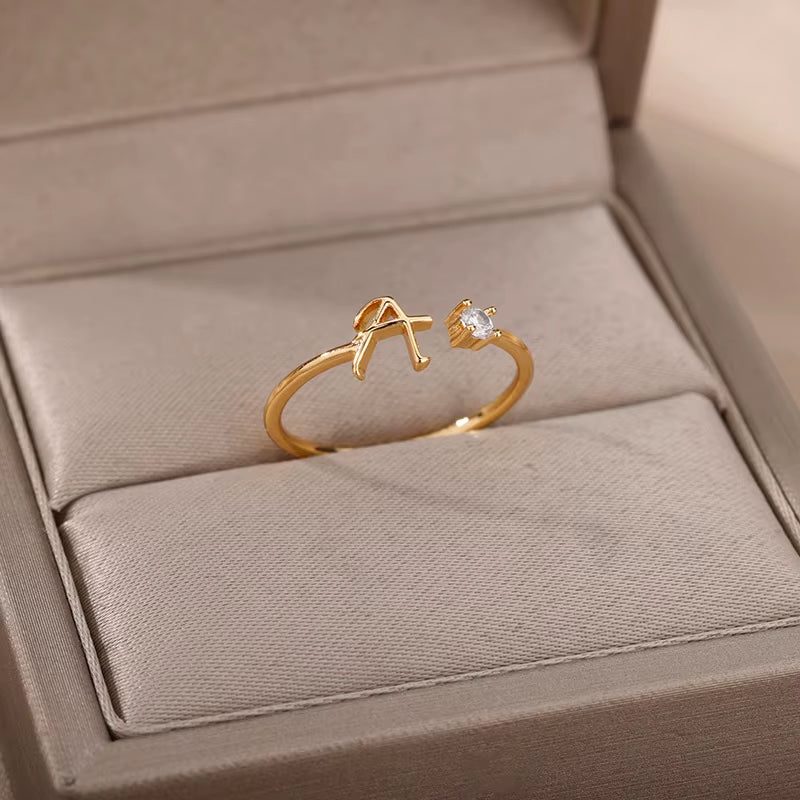 Cute Silver Color A-Z 26 Letters Initial Name Rings for Women Adjustable Finger Alphabets Finger Ring Wedding Jewelry Gift