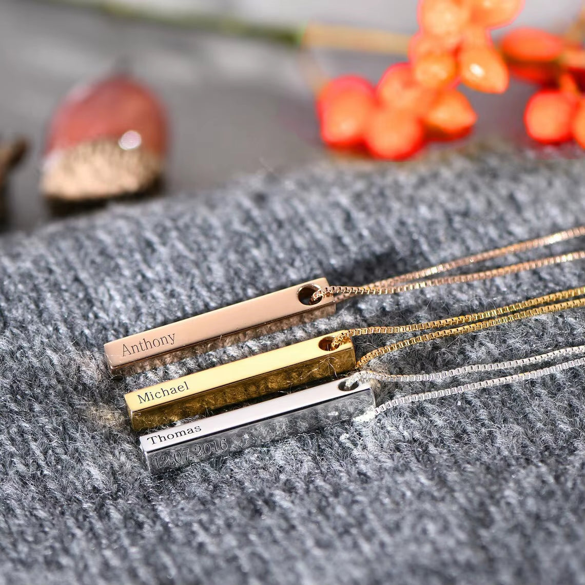 Customized Personality Engrave 4 Sides Name Date Stainless Steel Bar Necklace Pendant Men Women Monther'S Valentines Day Gift