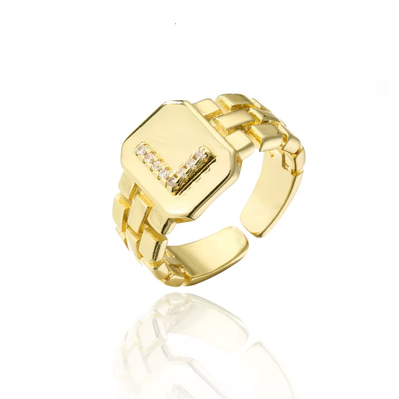 2024 New Fashion Gold Color Initial Ring Open Design Adjustable Hot Sale Watchband Chain 26 A-Z Letter CZ Rings for Women Girl