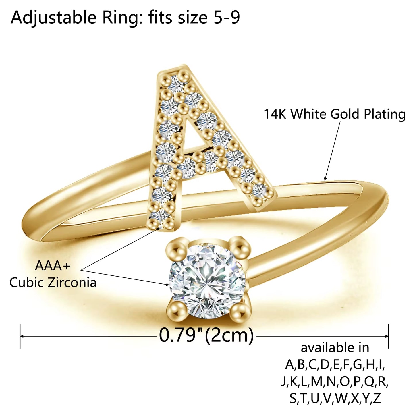 Initial Letter Ring for Women Girls Gold Stackable Alphabet Rings with Initial Adjustable Crystal Inlaid Initial Rings