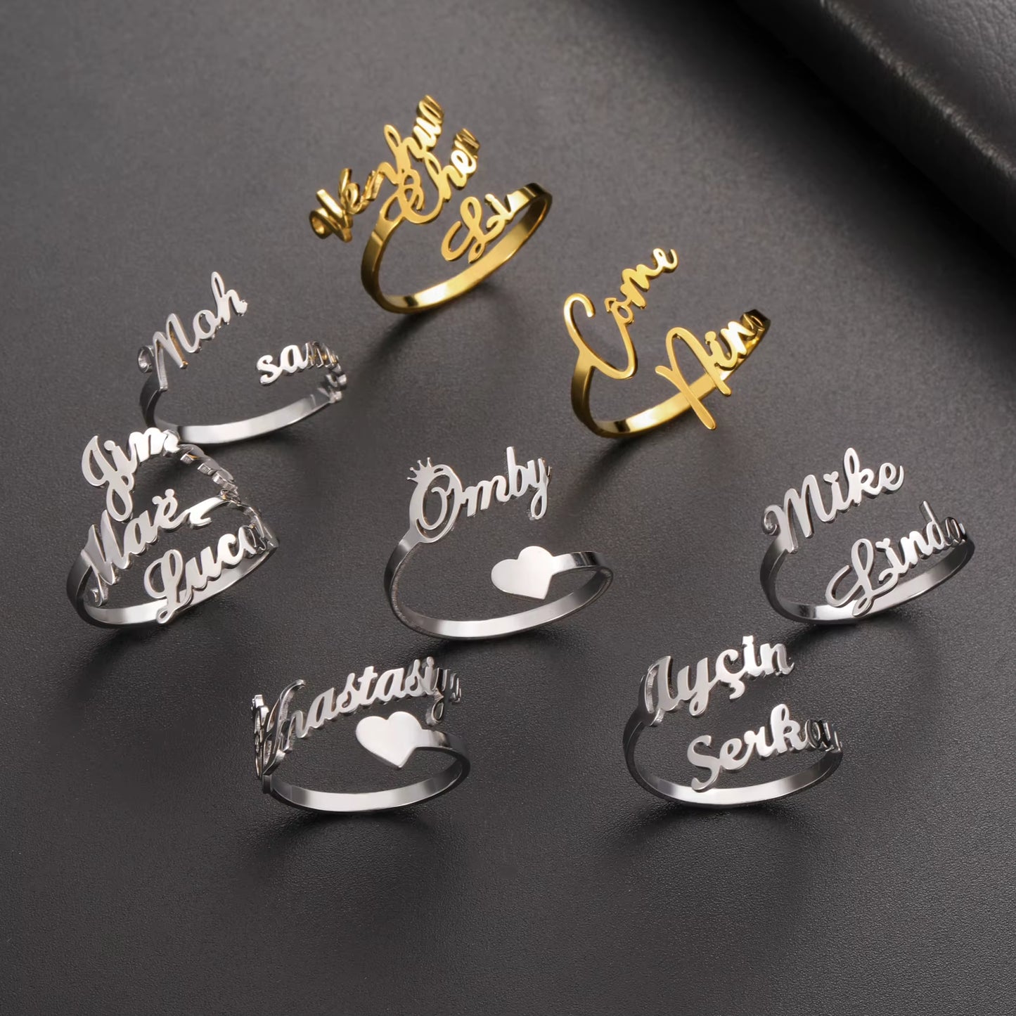 Double Name Ring Personalize Custom Name Ring Stainless Steel Two Name Adjustable Personlized Women Rings Unique Jewelry