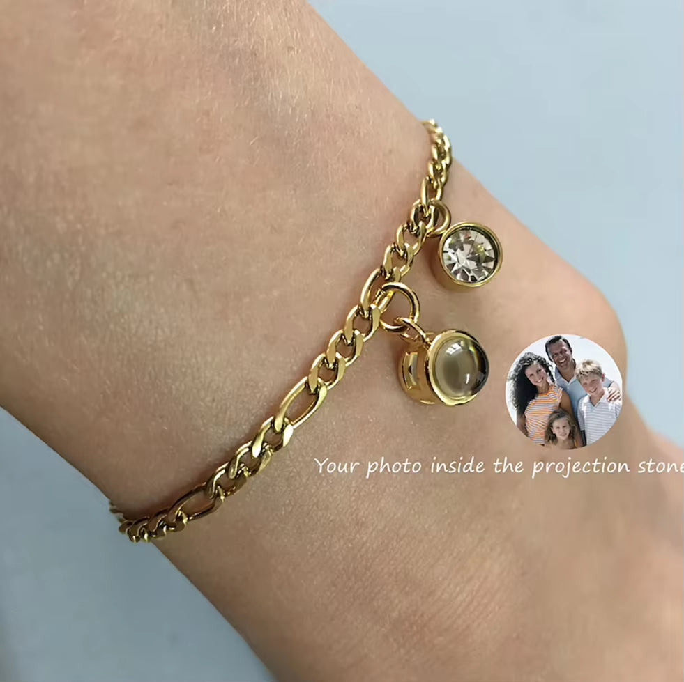 Projection Photo Bracelet with Birthstone Circle Pendant Custom Souvenirs Family Bracelet Memorial Jewelry Gift for Couples