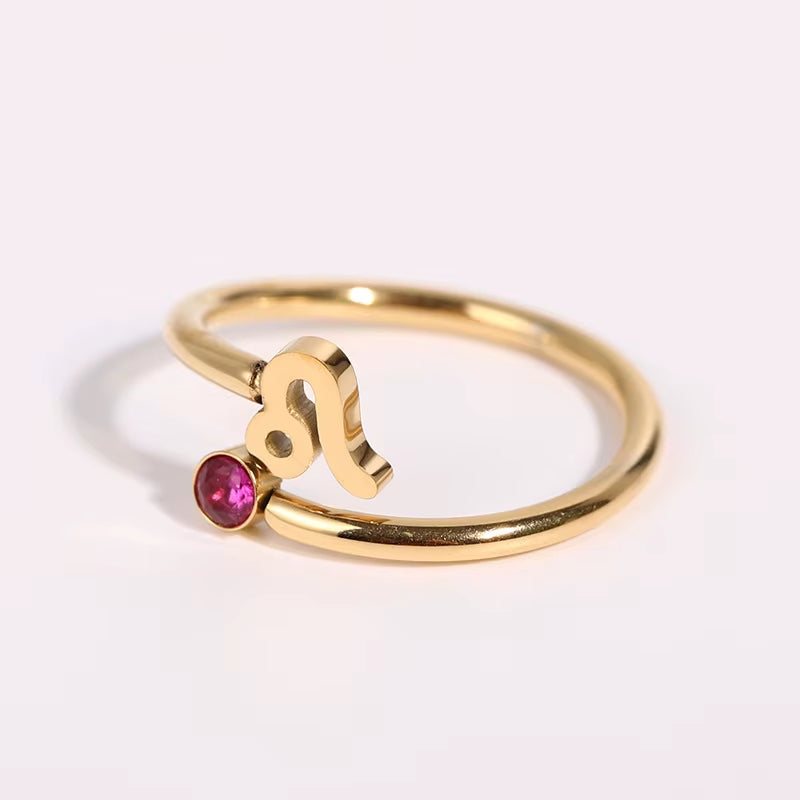 Zodiac Birthstone Rings for Women 12 Constellations Ring Gold Plated Adjustable Ring Stainless Steel Jewelry Birthday Gifts
