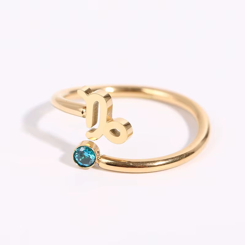 Zodiac Birthstone Rings for Women 12 Constellations Ring Gold Plated Adjustable Ring Stainless Steel Jewelry Birthday Gifts