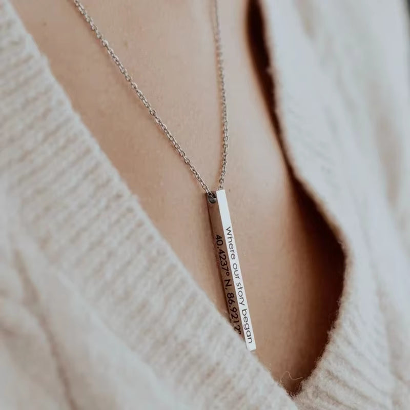Customized Personality Engrave Coordinates Name Stainless Steel Bar Necklace Pendant Men Women Valentines Day Gift for Lovers
