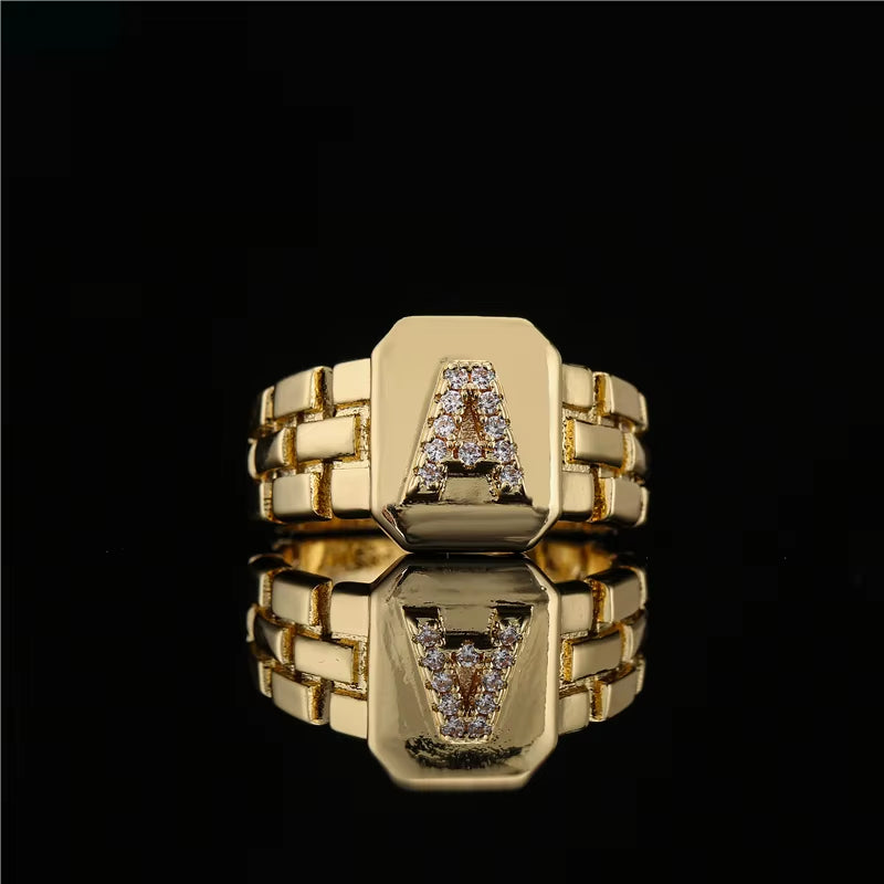 2024 New Fashion Gold Color Initial Ring Open Design Adjustable Hot Sale Watchband Chain 26 A-Z Letter CZ Rings for Women Girl