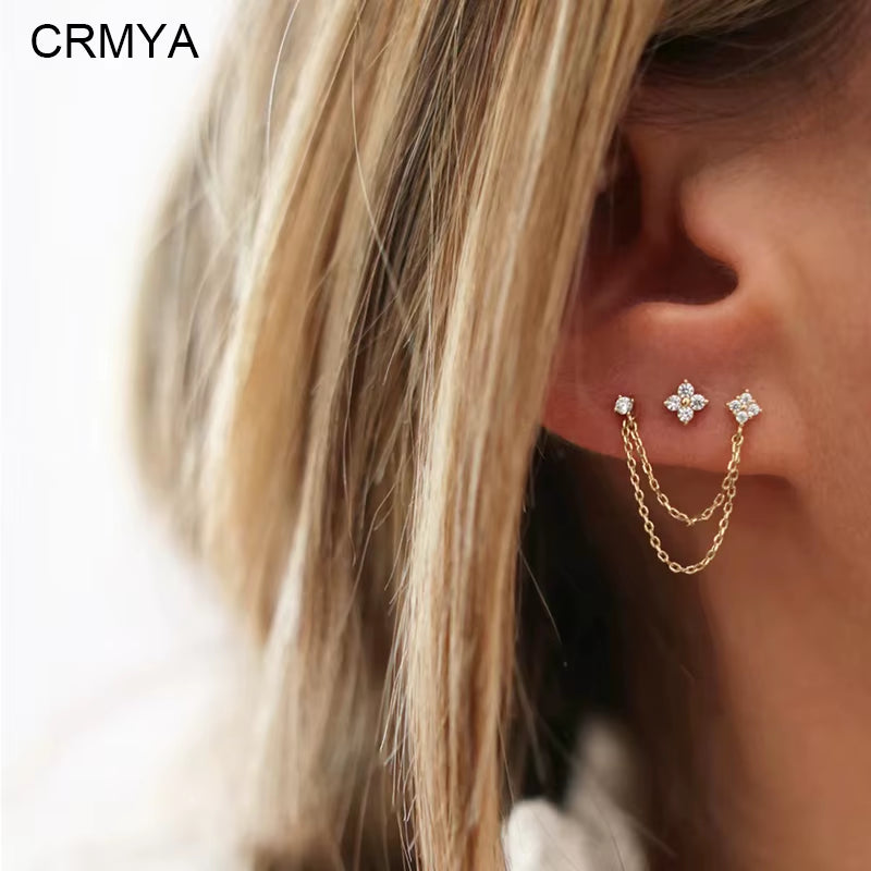 Initial Chain Stud Earrings for Women Piercing Zirconia Gold-Plated Small Stud Earring Women Vacation Jewelry Accessories