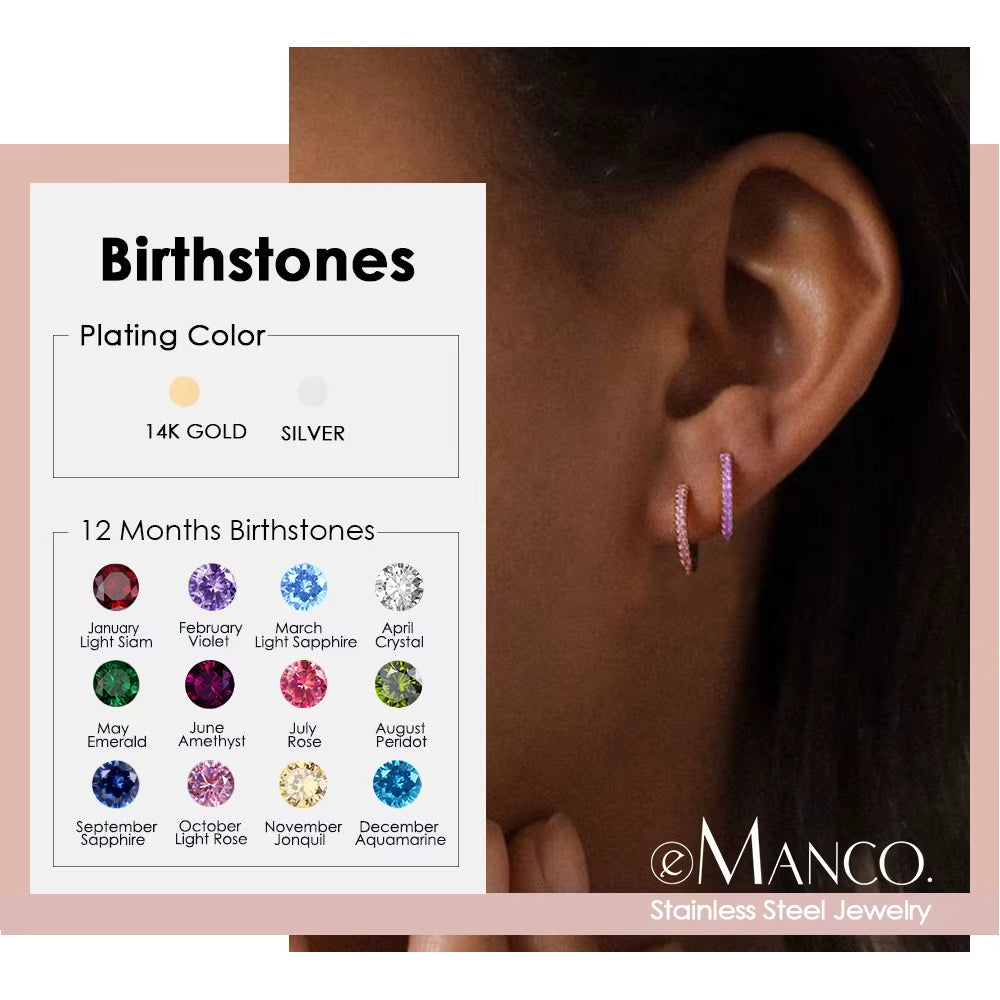 Emanco Stainless Steel Birthstone Earrings Minimalist Huggie Hoop Earrings for Women Tiny round Circle Unisex