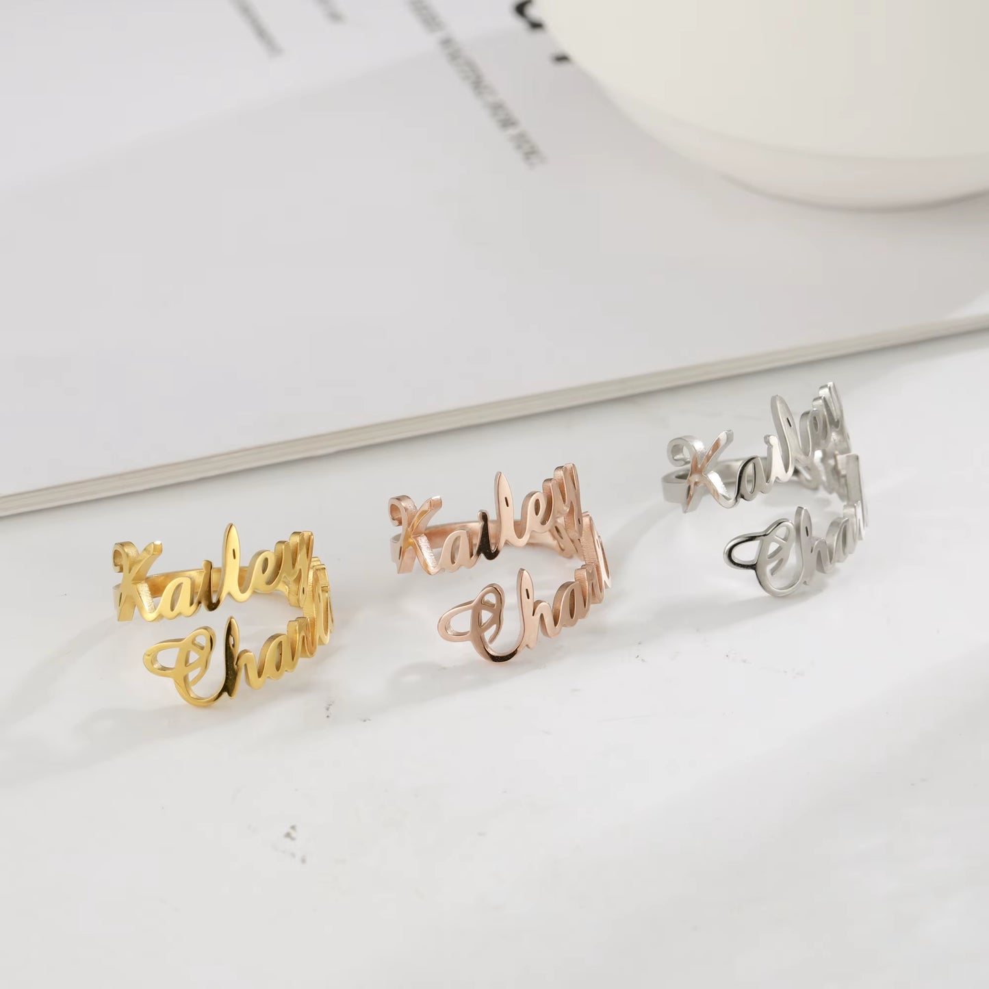 Double Name Ring Personalize Custom Name Ring Stainless Steel Two Name Adjustable Personlized Women Rings Unique Jewelry