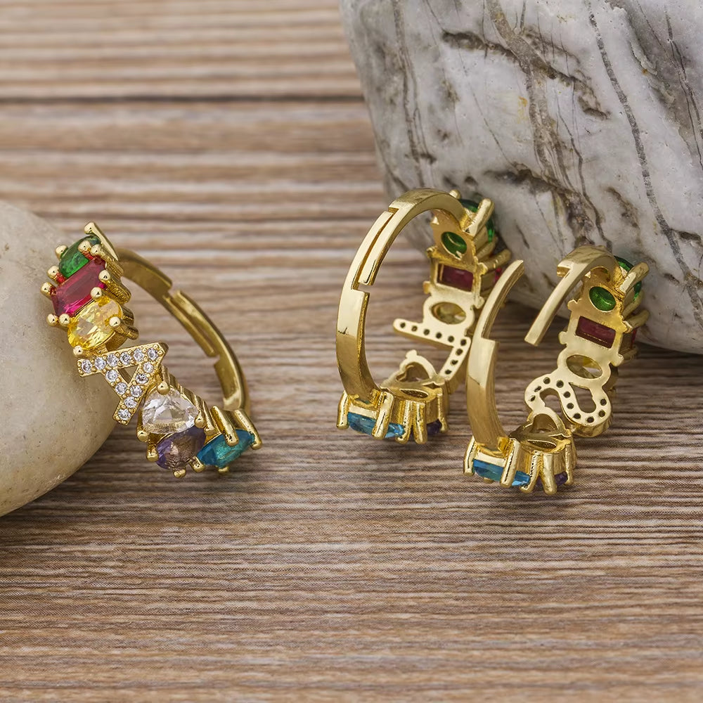 Hot Sale Adjustable A-Z Initial Ring Bohemian Copper Zircon Rainbow Letter Rings for Women Girls Party Wedding Jewelry Gift