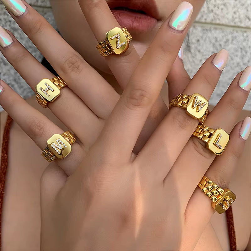 2024 New Fashion Gold Color Initial Ring Open Design Adjustable Hot Sale Watchband Chain 26 A-Z Letter CZ Rings for Women Girl