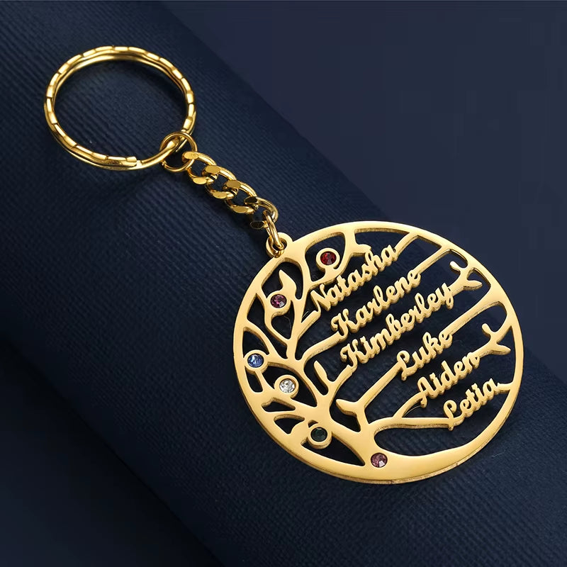 Customized Tree of Life 1-6 Names Keychain Birthday Stone Family Names Key Chain Stainless Steel Keyring Friends Jewelry Gifts