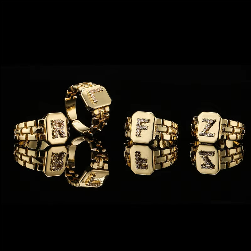 2024 New Fashion Gold Color Initial Ring Open Design Adjustable Hot Sale Watchband Chain 26 A-Z Letter CZ Rings for Women Girl