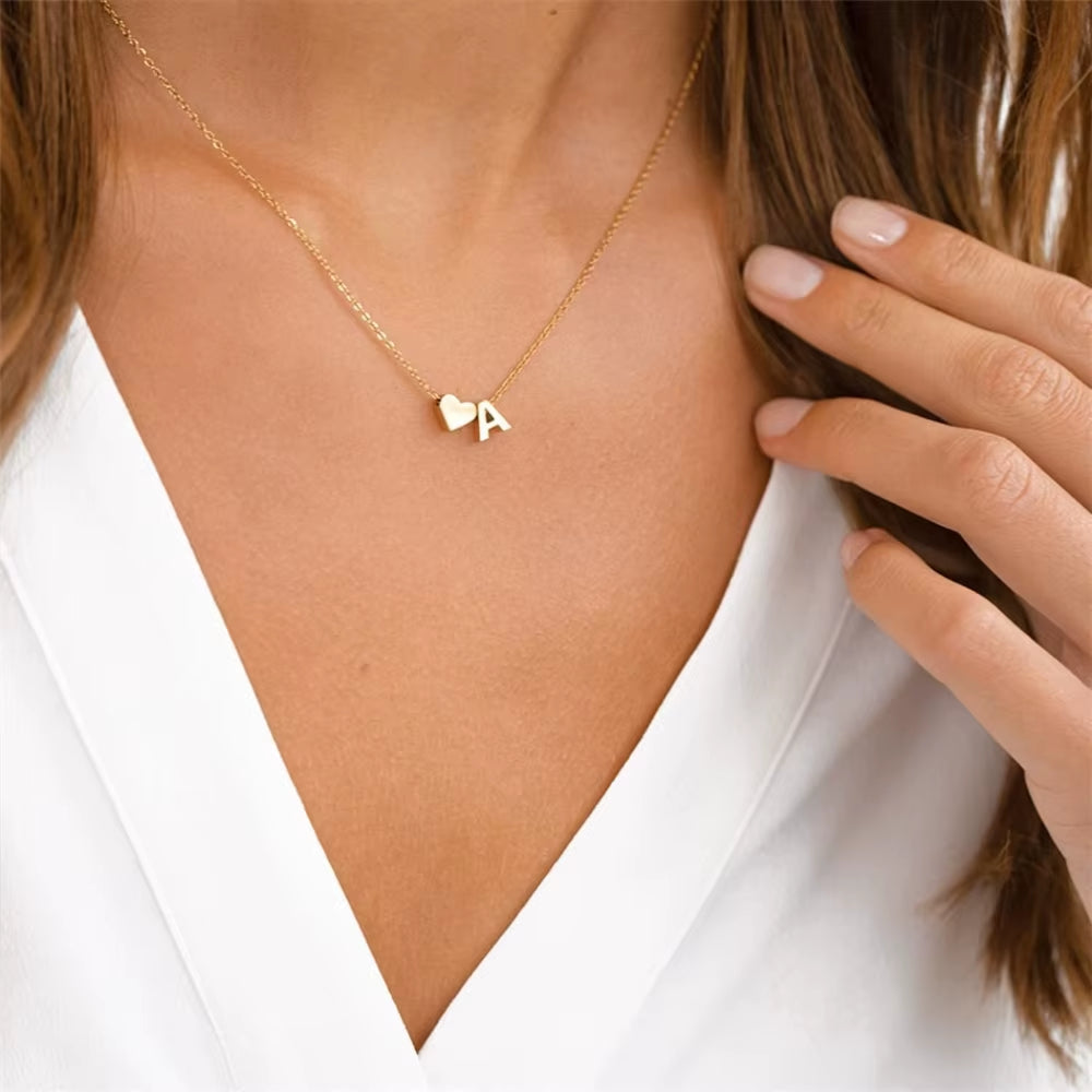 Minimalist Gold Color Stainless Steel Tiny Initial Custom Letter Necklace with Love Heart Pendant Dainty for Women Jewelry Gifts