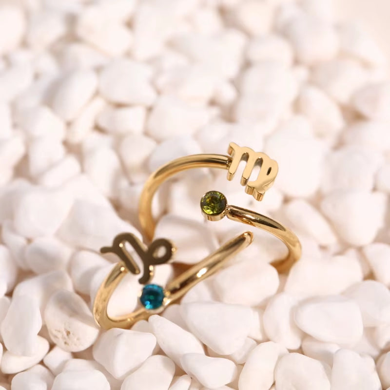 Zodiac Birthstone Rings for Women 12 Constellations Ring Gold Plated Adjustable Ring Stainless Steel Jewelry Birthday Gifts