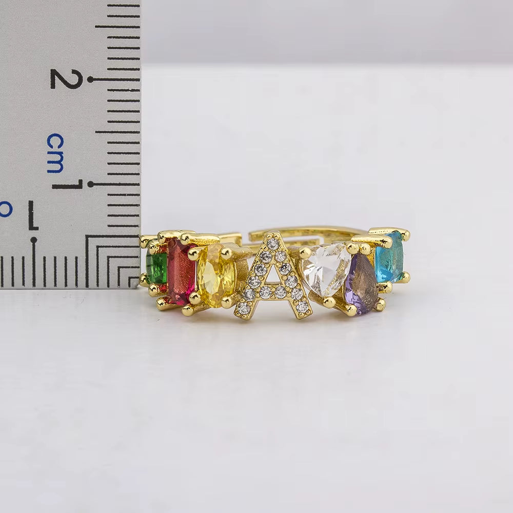Hot Sale Adjustable A-Z Initial Ring Bohemian Copper Zircon Rainbow Letter Rings for Women Girls Party Wedding Jewelry Gift