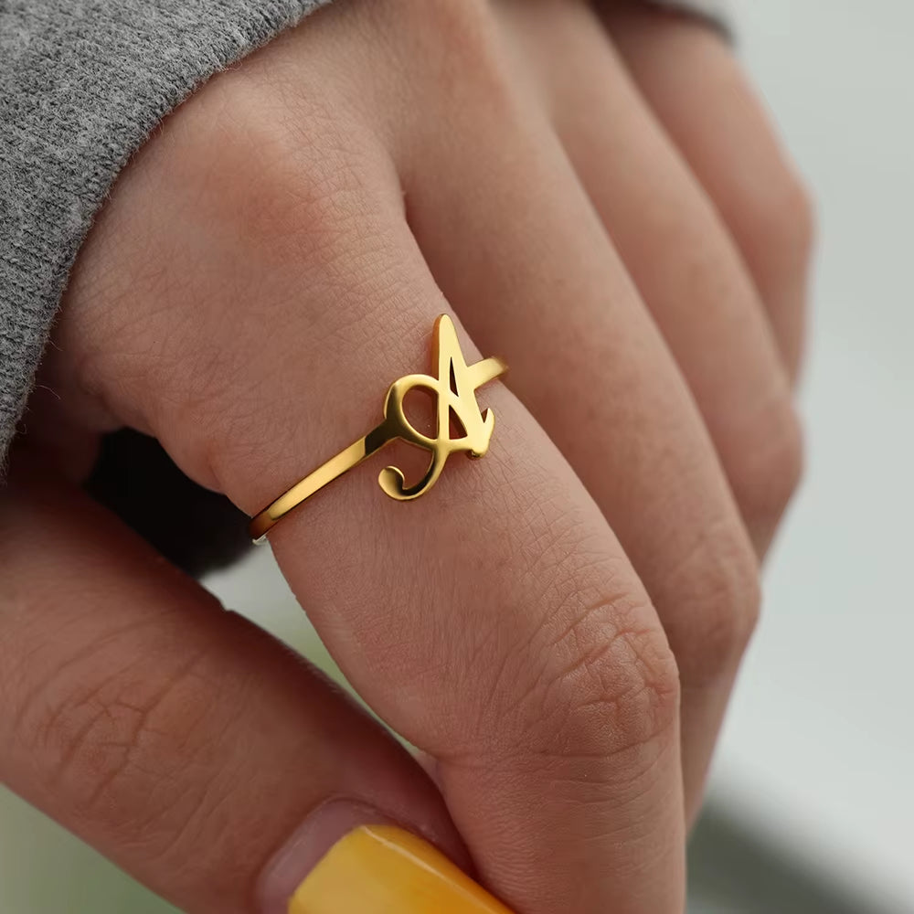 Initial Letter Rings for Women Gold Color Stainless Steel A-Z Letter Adjustable Ring Aesthetic Wedding Christmas Jewelry Gift