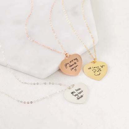 Custom Actual Handwriting Heart Pendant Necklace Personalization Included Text Engraved Jewelry Mothers Day Gift for Her