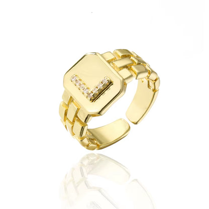2024 New Fashion Gold Color Initial Ring Open Design Adjustable Hot Sale Watchband Chain 26 A-Z Letter CZ Rings for Women Girl