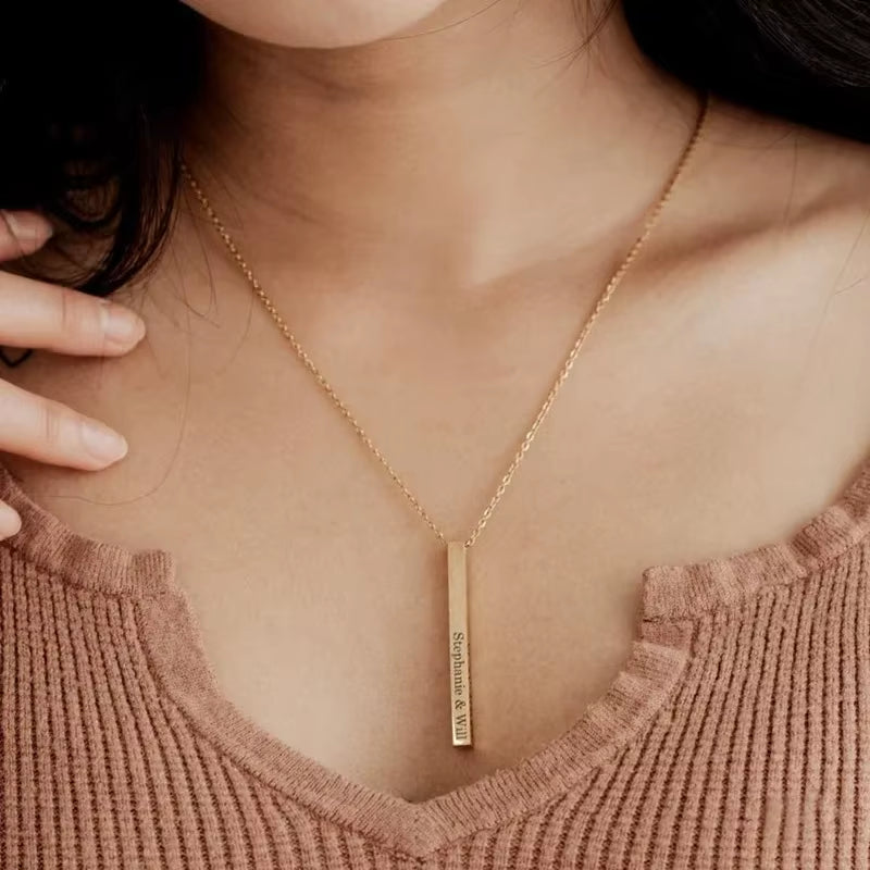 Customized Personality Engrave Coordinates Name Stainless Steel Bar Necklace Pendant Men Women Valentines Day Gift for Lovers