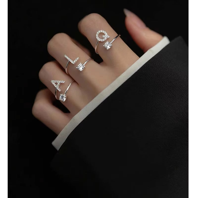Zircon Initial A-Z Letter Ring for Women Metal Adjustable Opening Ring Name Alphabet Female Wedding Gift Anillos Mujer