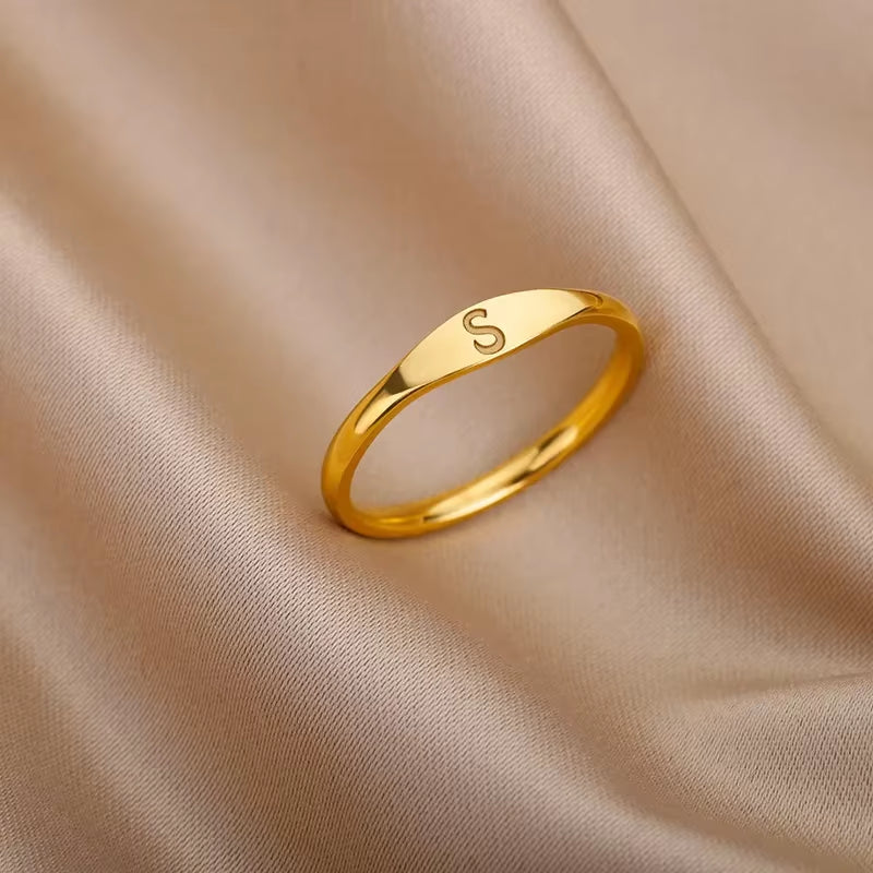Cute Tiny Letter Rings for Women Men Fashion Jewelry Gold Color Stainless Steel Initials Stackable Finger Rings Size 7 8 9 10