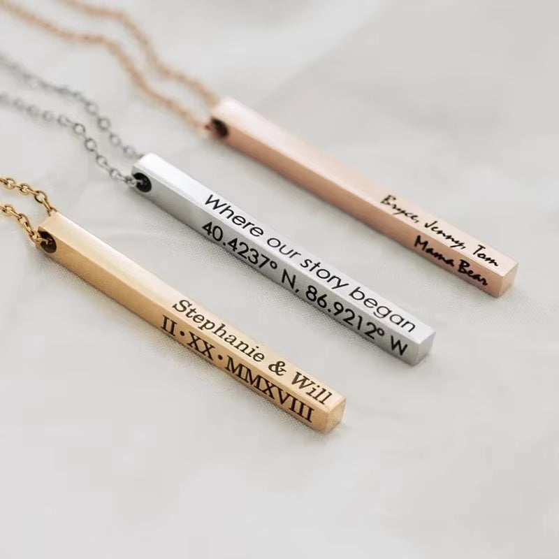 Customized Personality Engrave Coordinates Name Stainless Steel Bar Necklace Pendant Men Women Valentines Day Gift for Lovers