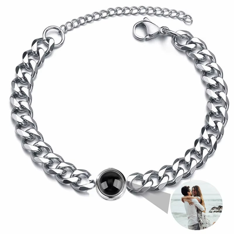 Custom Photo Bracelet Stainless Steel Box Chain Projection Bracelets with Picture inside 100 Languages Projection Bracelet