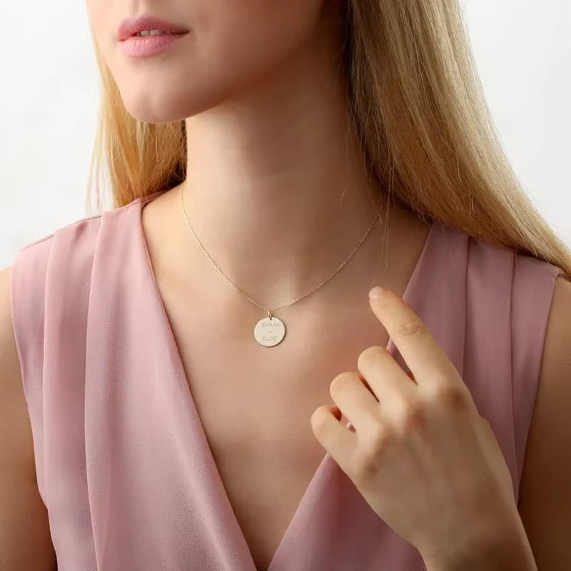 Custom Engraved Names Date Stainless Steel round Pendant Necklace Personalization Included Text Free with Chain Gift for Lovers