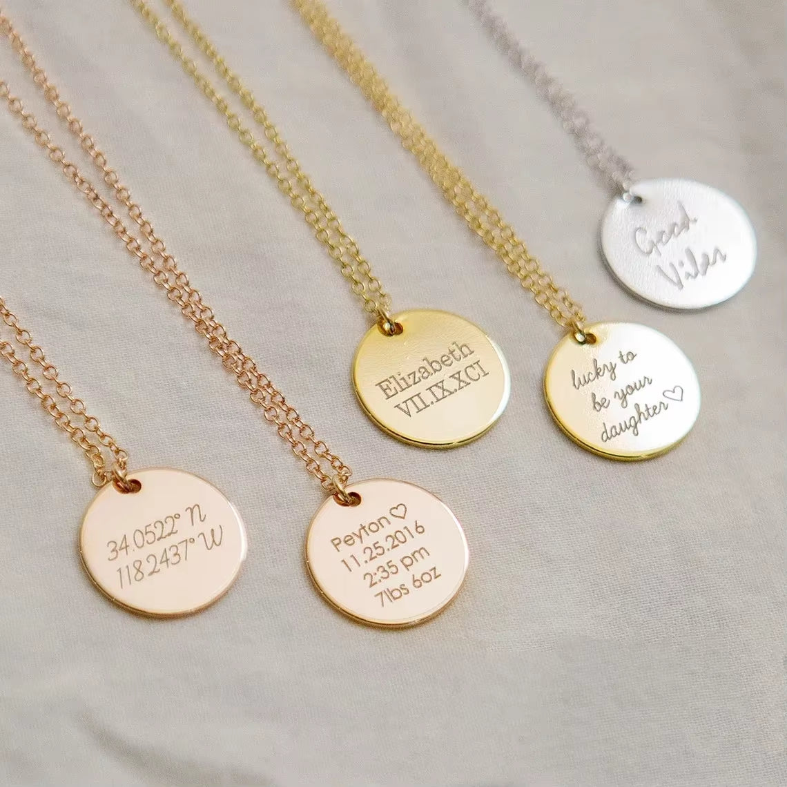Custom Engraved Names Date Stainless Steel round Pendant Necklace Personalization Included Text Free with Chain Gift for Lovers