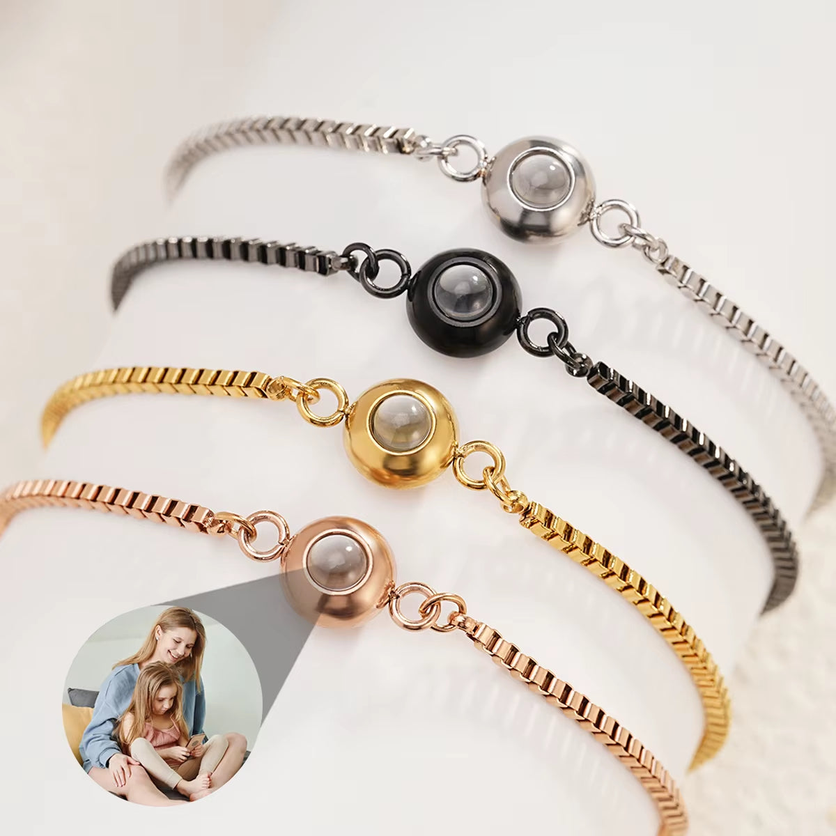 Custom Photo Bracelet Stainless Steel Box Chain Projection Bracelets with Picture inside 100 Languages Projection Bracelet