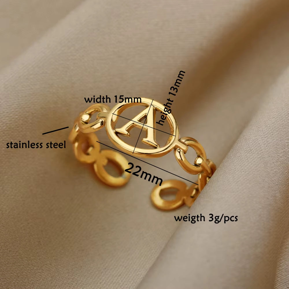 Hollow Initial Letter Rings for Women Stainless Steel Ring Gold Color Link Adjustable Ring Female Wedding Aesthetic Jewelry Gift
