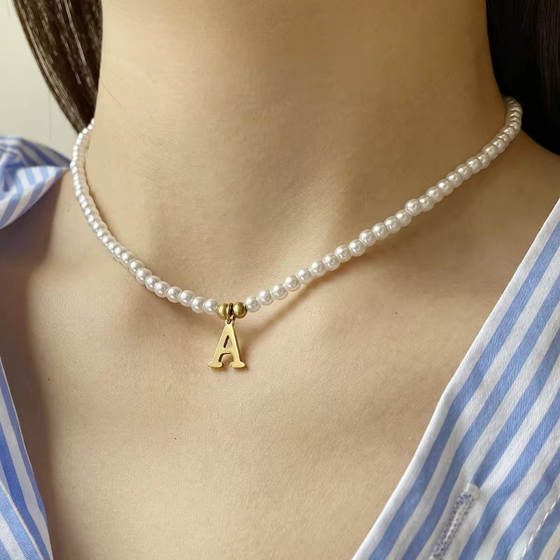 Stainless Steel Letters Initial Pendant Necklace Diy Name Simulated Pearls Bead Necklaces for Women Pearl Woman'S Choker Jewelry