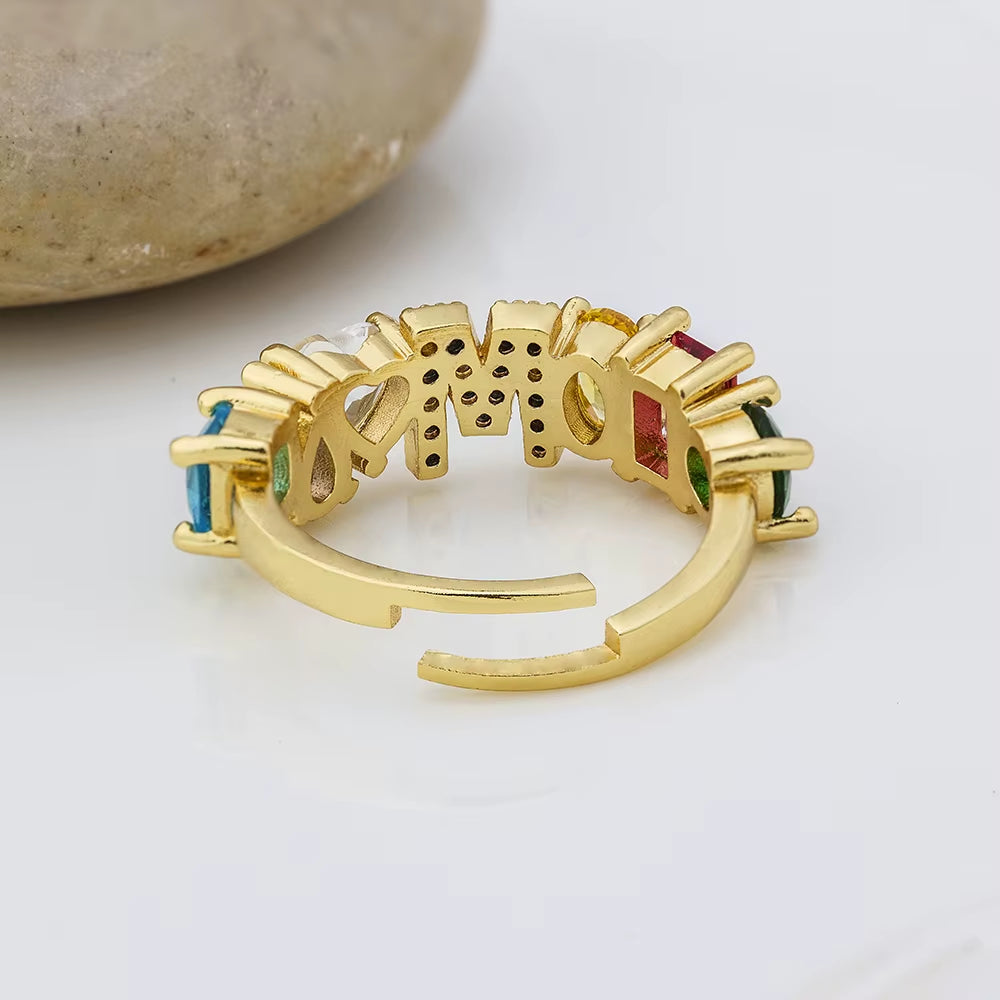 Hot Sale Adjustable A-Z Initial Ring Bohemian Copper Zircon Rainbow Letter Rings for Women Girls Party Wedding Jewelry Gift