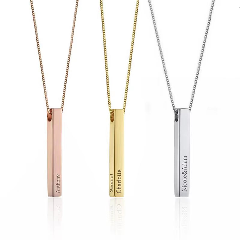 Customized Personality Engrave 4 Sides Name Date Stainless Steel Bar Necklace Pendant Men Women Monther'S Valentines Day Gift