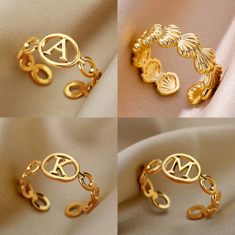 Hollow Initial Letter Rings for Women Stainless Steel Ring Gold Color Link Adjustable Ring Female Wedding Aesthetic Jewelry Gift