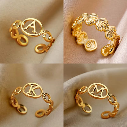 Hollow Initial Letter Rings for Women Stainless Steel Ring Gold Color Link Adjustable Ring Female Wedding Aesthetic Jewelry Gift