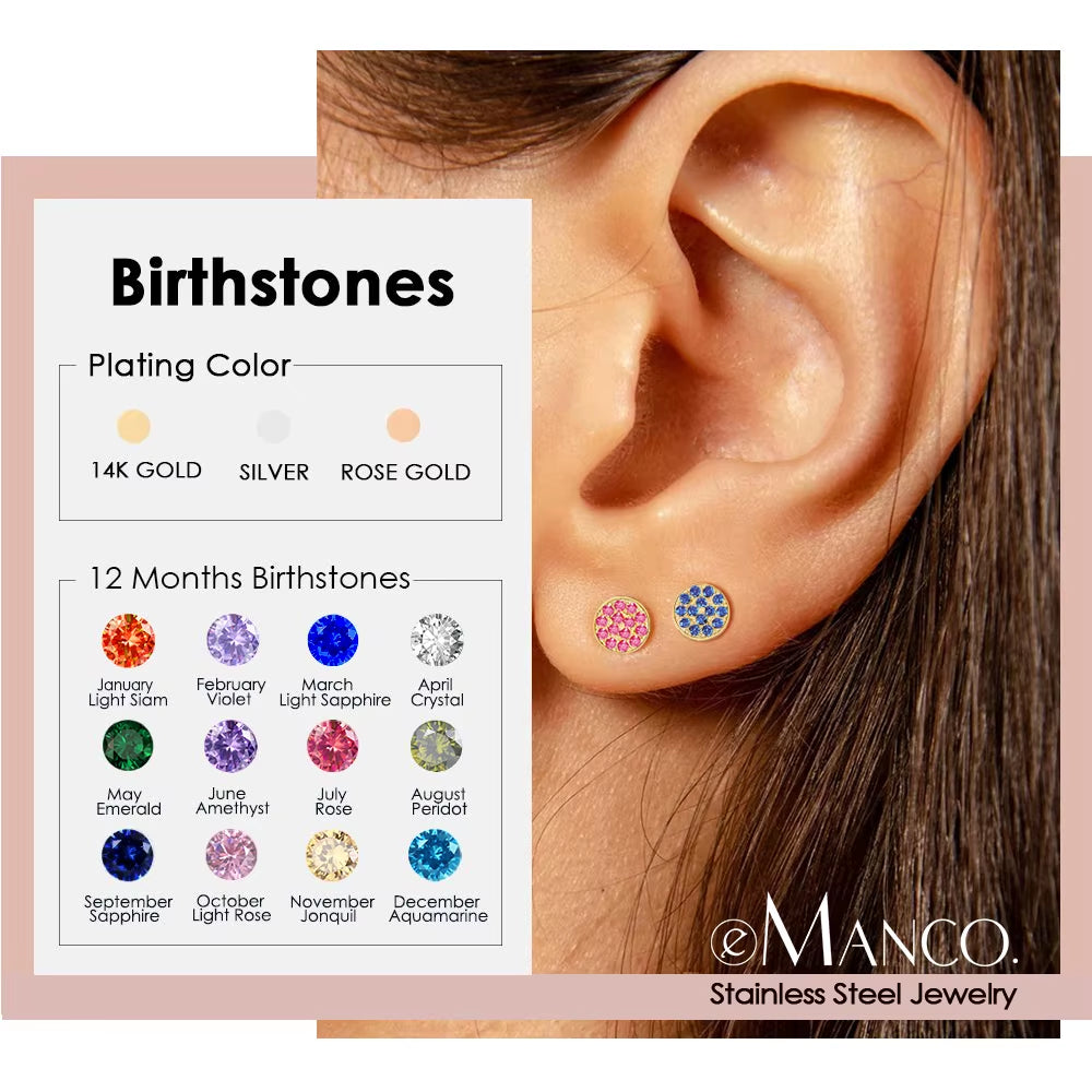 Emanco New Birthstone Pierced Earrings Zirconia Earrings Stainless Steel Jewelry Birthday Gift