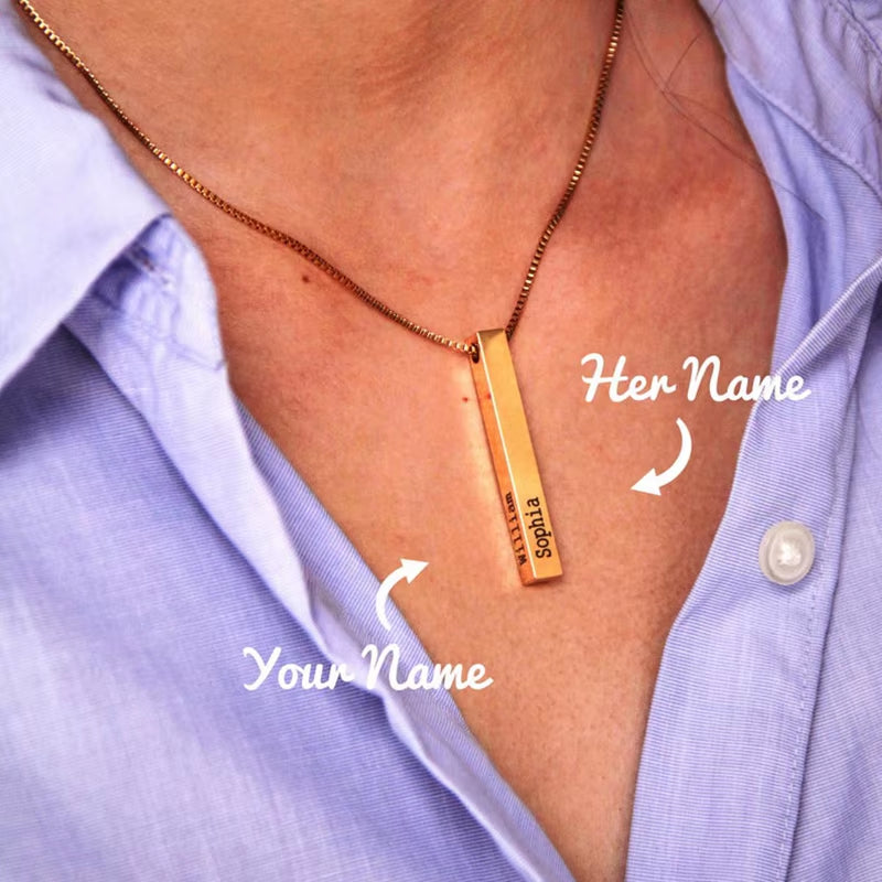 Customized Personality Engrave 4 Sides Name Date Stainless Steel Bar Necklace Pendant Men Women Monther'S Valentines Day Gift