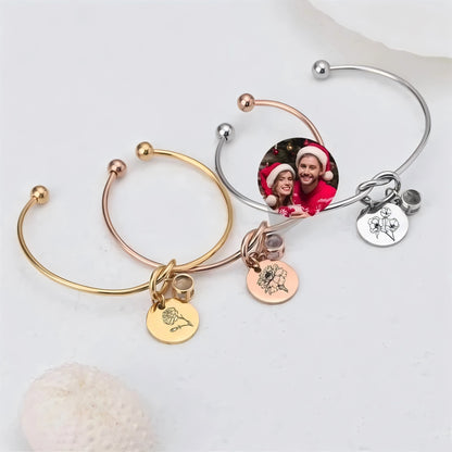 Projection Photo Bracelet with Birthstone Circle Pendant Custom Souvenirs Family Bracelet Memorial Jewelry Gift for Couples