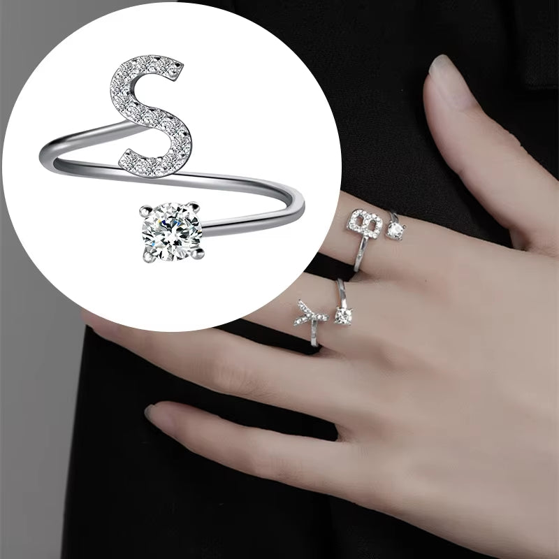 Zircon Initial A-Z Letter Ring for Women Metal Adjustable Opening Ring Name Alphabet Female Wedding Gift Anillos Mujer