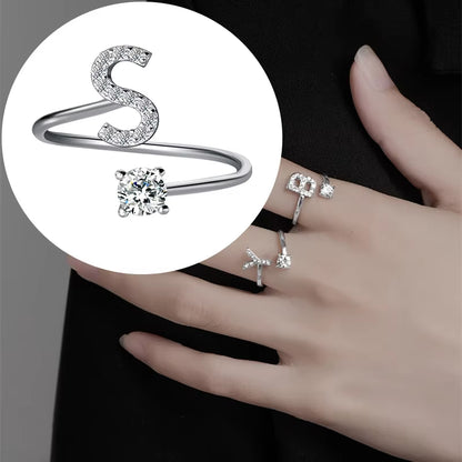 Zircon Initial A-Z Letter Ring for Women Metal Adjustable Opening Ring Name Alphabet Female Wedding Gift Anillos Mujer