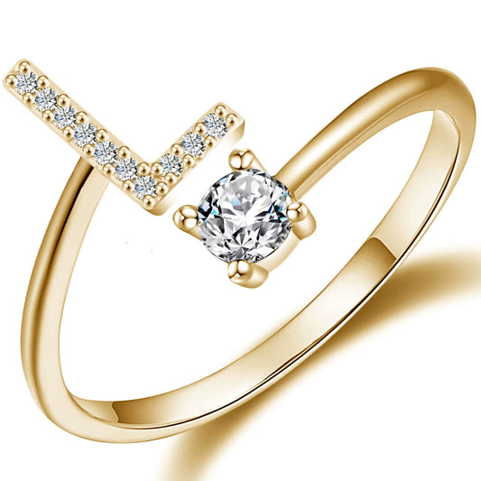 Initial Letter Ring for Women Girls Gold Stackable Alphabet Rings with Initial Adjustable Crystal Inlaid Initial Rings