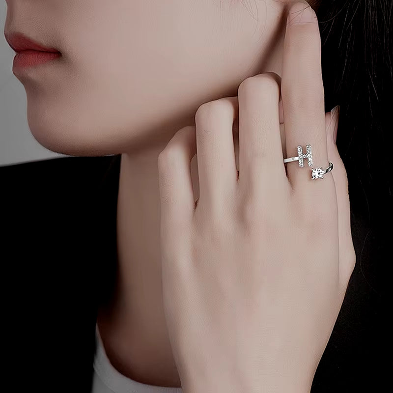 Zircon Initial A-Z Letter Ring for Women Metal Adjustable Opening Ring Name Alphabet Female Wedding Gift Anillos Mujer