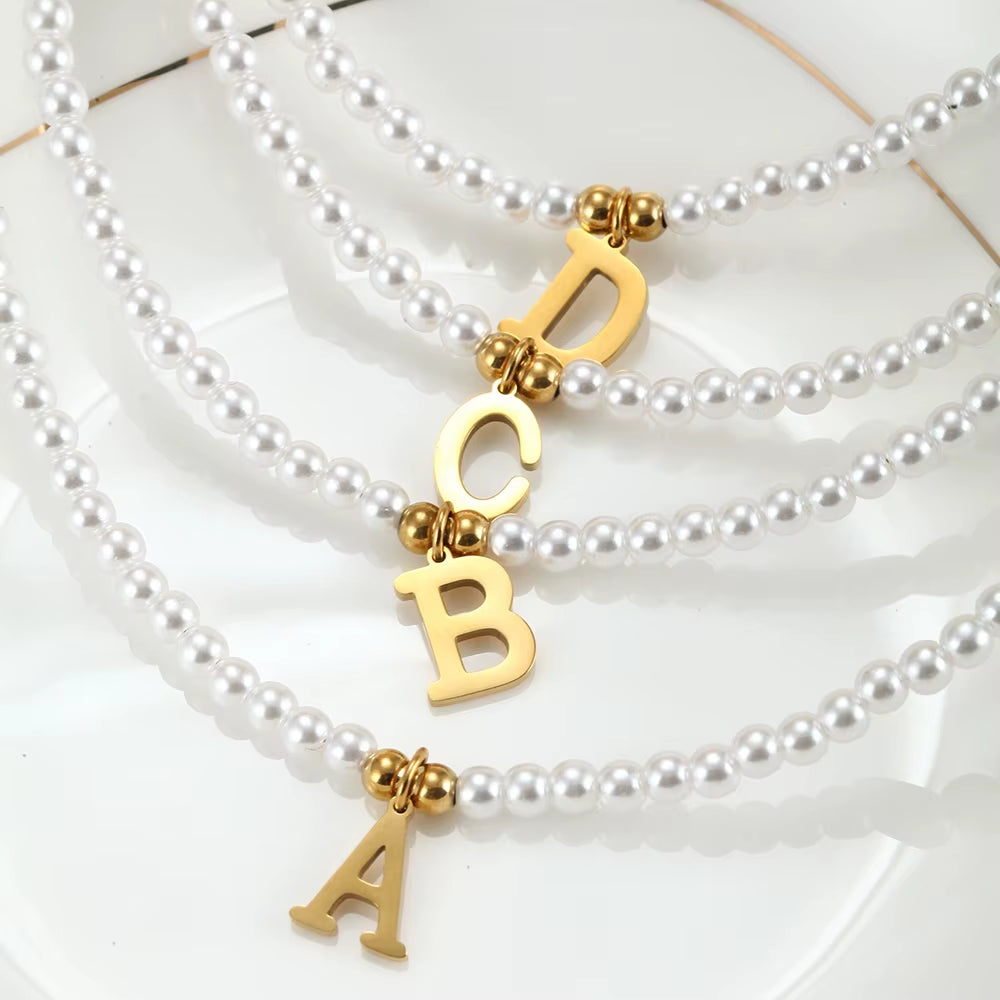 Stainless Steel Letters Initial Pendant Necklace Diy Name Simulated Pearls Bead Necklaces for Women Pearl Woman'S Choker Jewelry