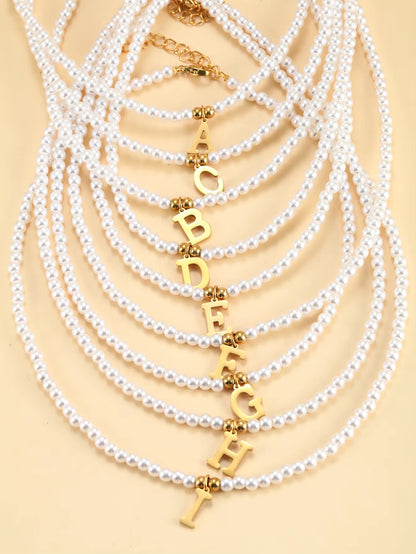 Stainless Steel Letters Initial Pendant Necklace Diy Name Simulated Pearls Bead Necklaces for Women Pearl Woman'S Choker Jewelry