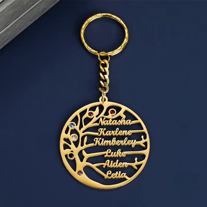 Customized Tree of Life 1-6 Names Keychain Birthday Stone Family Names Key Chain Stainless Steel Keyring Friends Jewelry Gifts