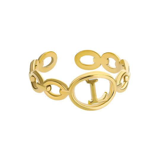 Hollow Initial Letter Rings for Women Stainless Steel Ring Gold Color Link Adjustable Ring Female Wedding Aesthetic Jewelry Gift