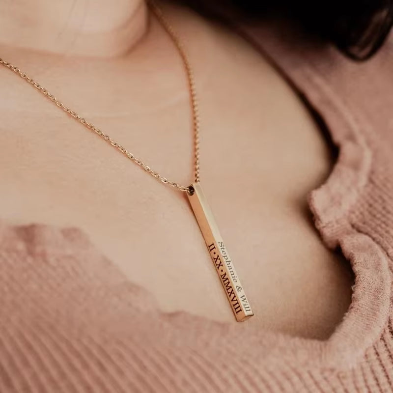 Customized Personality Engrave Coordinates Name Stainless Steel Bar Necklace Pendant Men Women Valentines Day Gift for Lovers